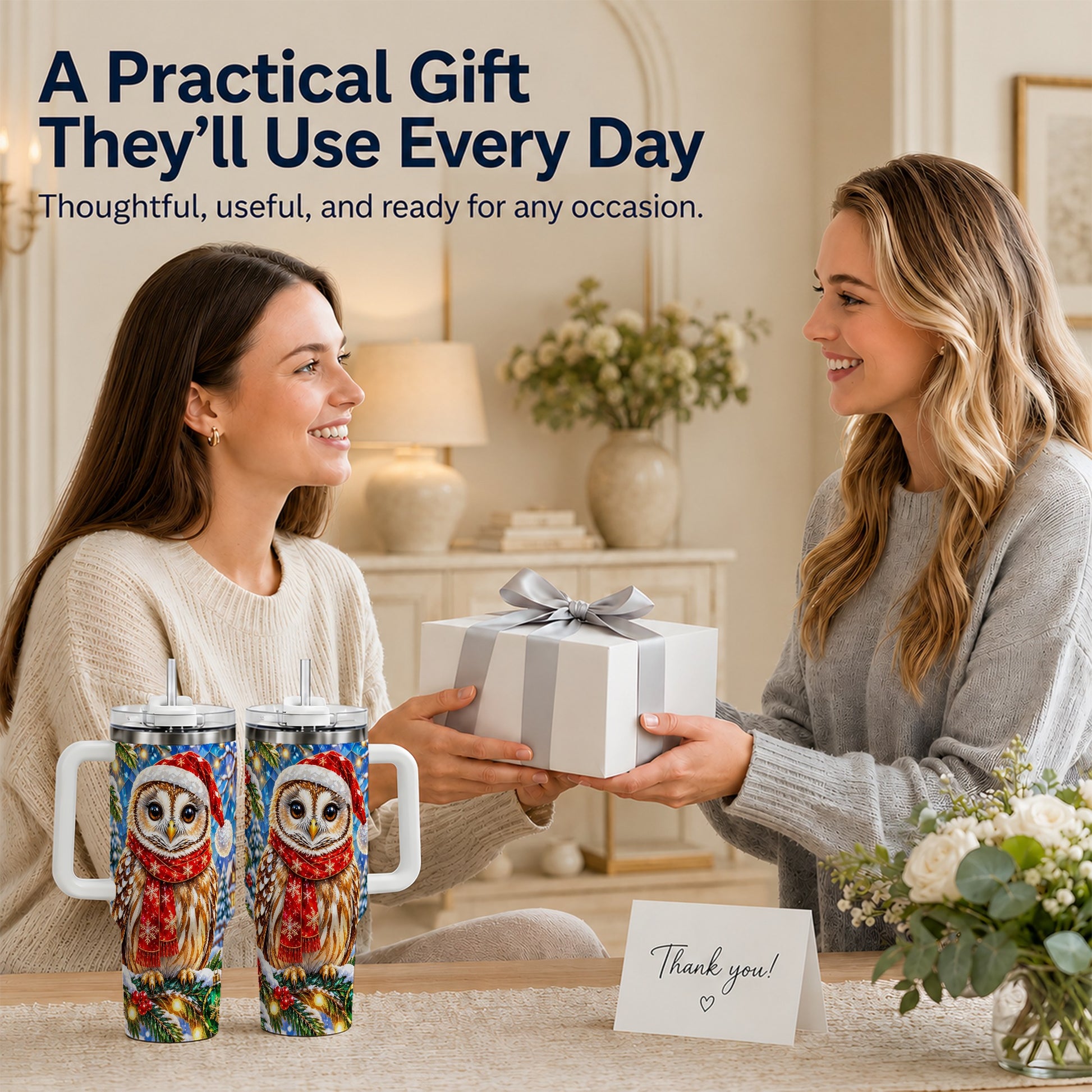 #pl[40oz|White] Jeweled Owl 40oz Tumbler with Handle, Christmas Stainless Steel Cup