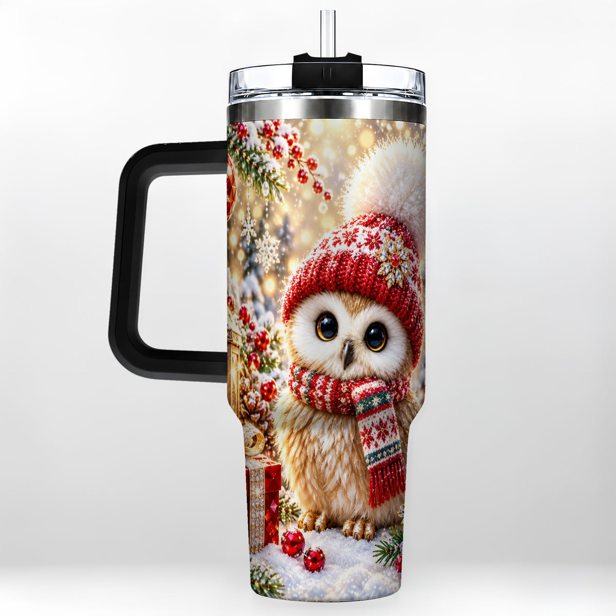 #pl[40oz|Black] Christmas Owl 40oz Tumbler with Handle, Winter Stainless Steel Travel Cup