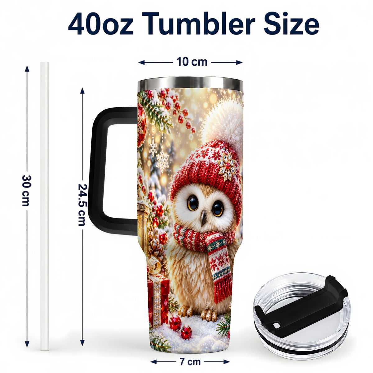 #pl[40oz|Black] Christmas Owl 40oz Tumbler with Handle, Winter Stainless Steel Travel Cup