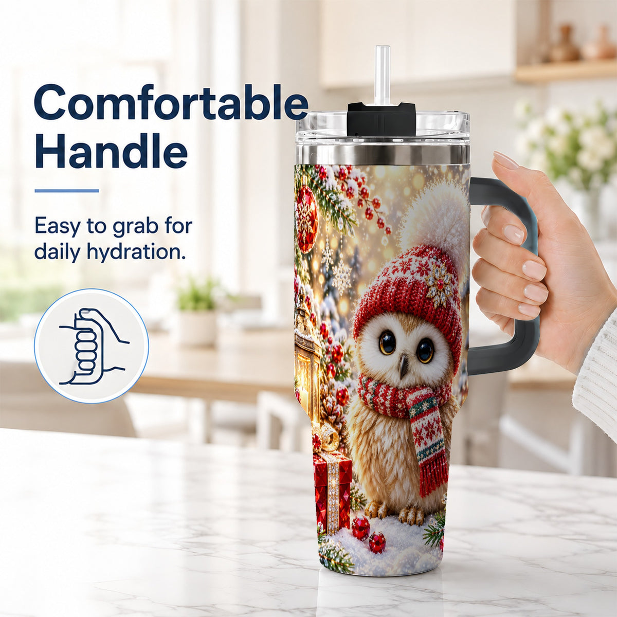 #pl[40oz|Black] Christmas Owl 40oz Tumbler with Handle, Winter Stainless Steel Travel Cup