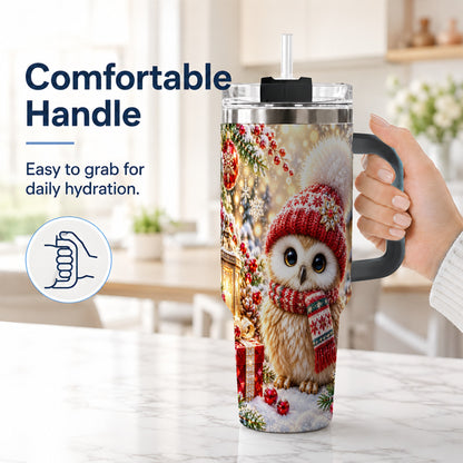 #pl[40oz|Black] Christmas Owl 40oz Tumbler with Handle, Winter Stainless Steel Travel Cup