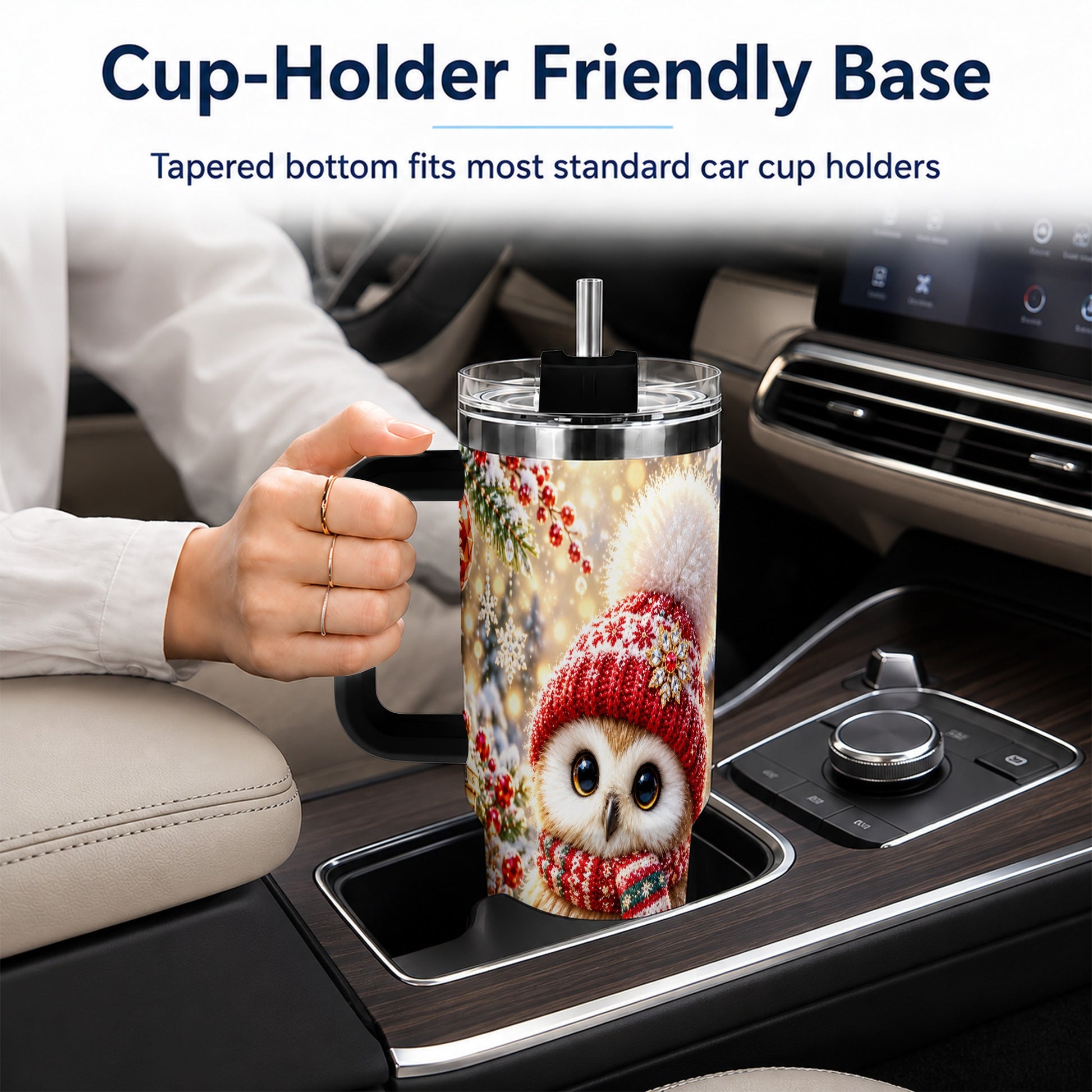 #pl[40oz|Black] Christmas Owl 40oz Tumbler with Handle, Winter Stainless Steel Travel Cup