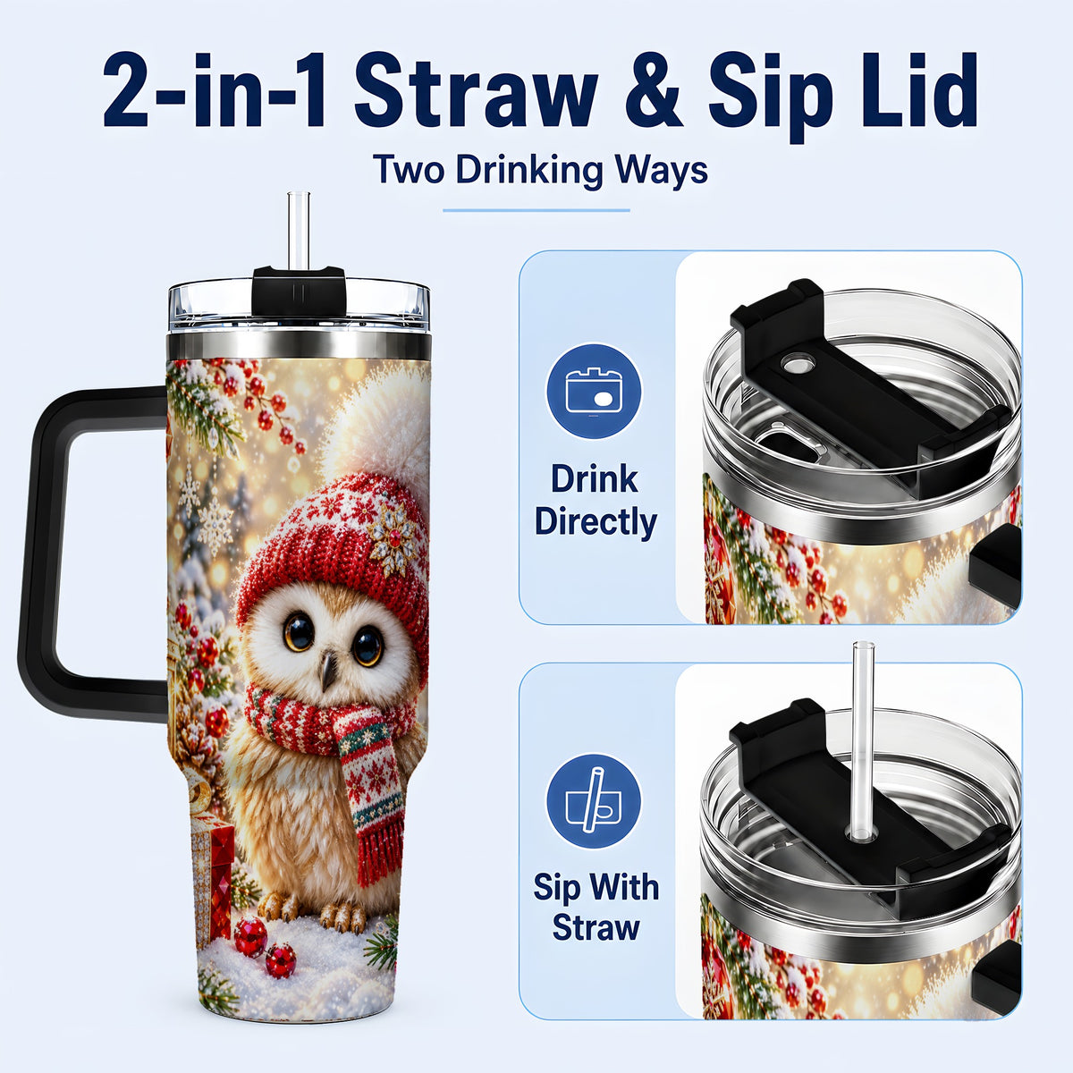 #pl[40oz|Black] Christmas Owl 40oz Tumbler with Handle, Winter Stainless Steel Travel Cup