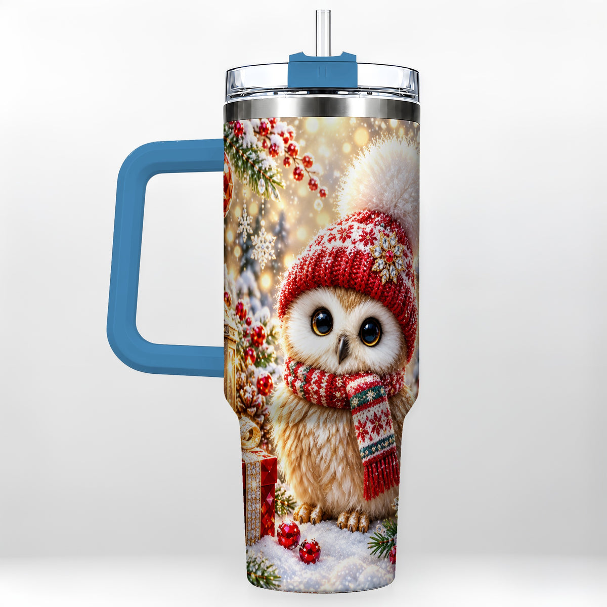 #pl[40oz|Blue] Christmas Owl 40oz Tumbler with Handle, Winter Stainless Steel Travel Cup