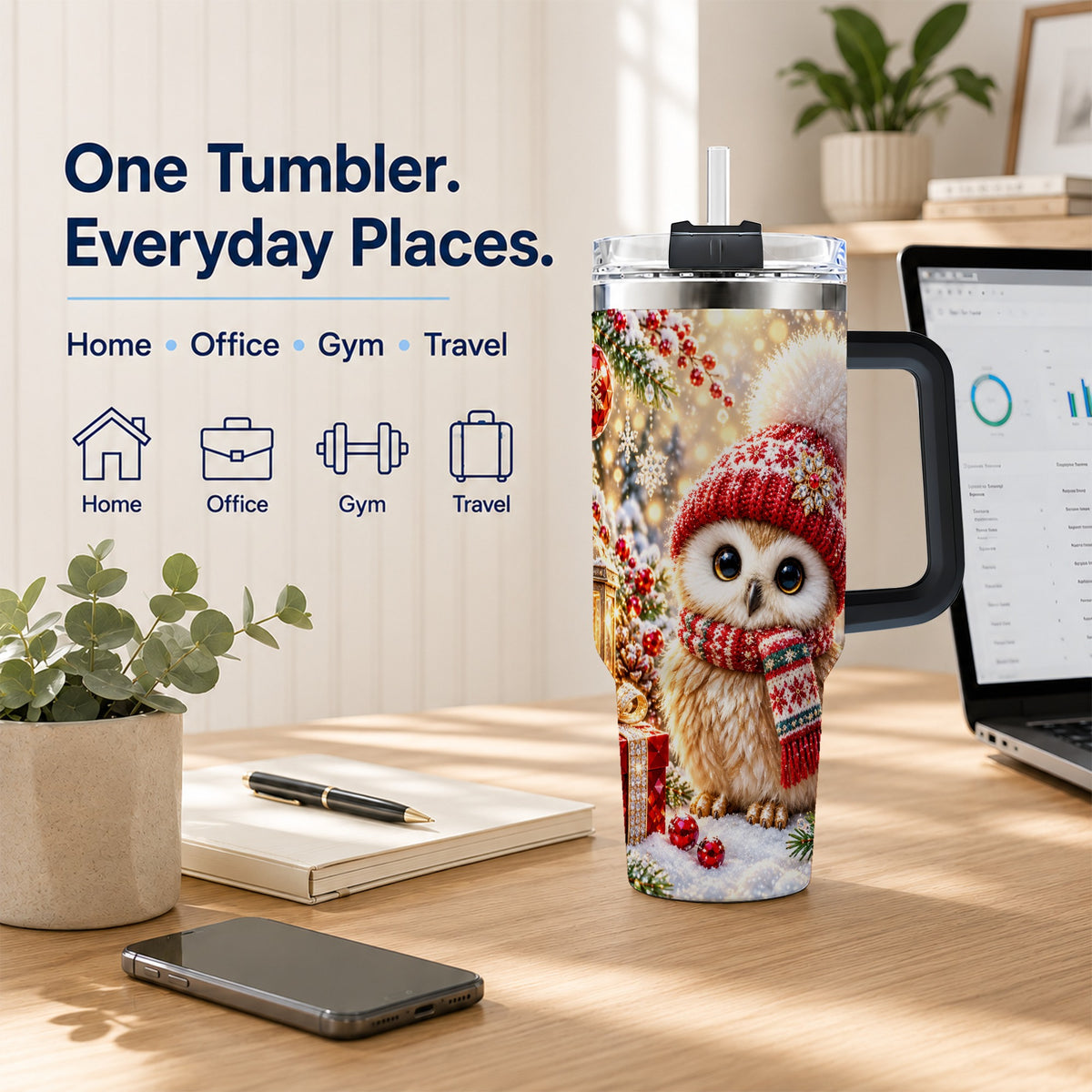 #pl[40oz|Black] Christmas Owl 40oz Tumbler with Handle, Winter Stainless Steel Travel Cup