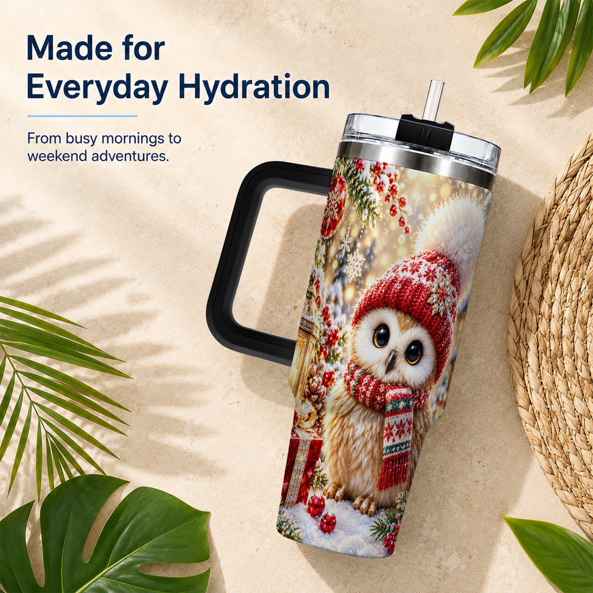 #pl[40oz|Black] Christmas Owl 40oz Tumbler with Handle, Winter Stainless Steel Travel Cup