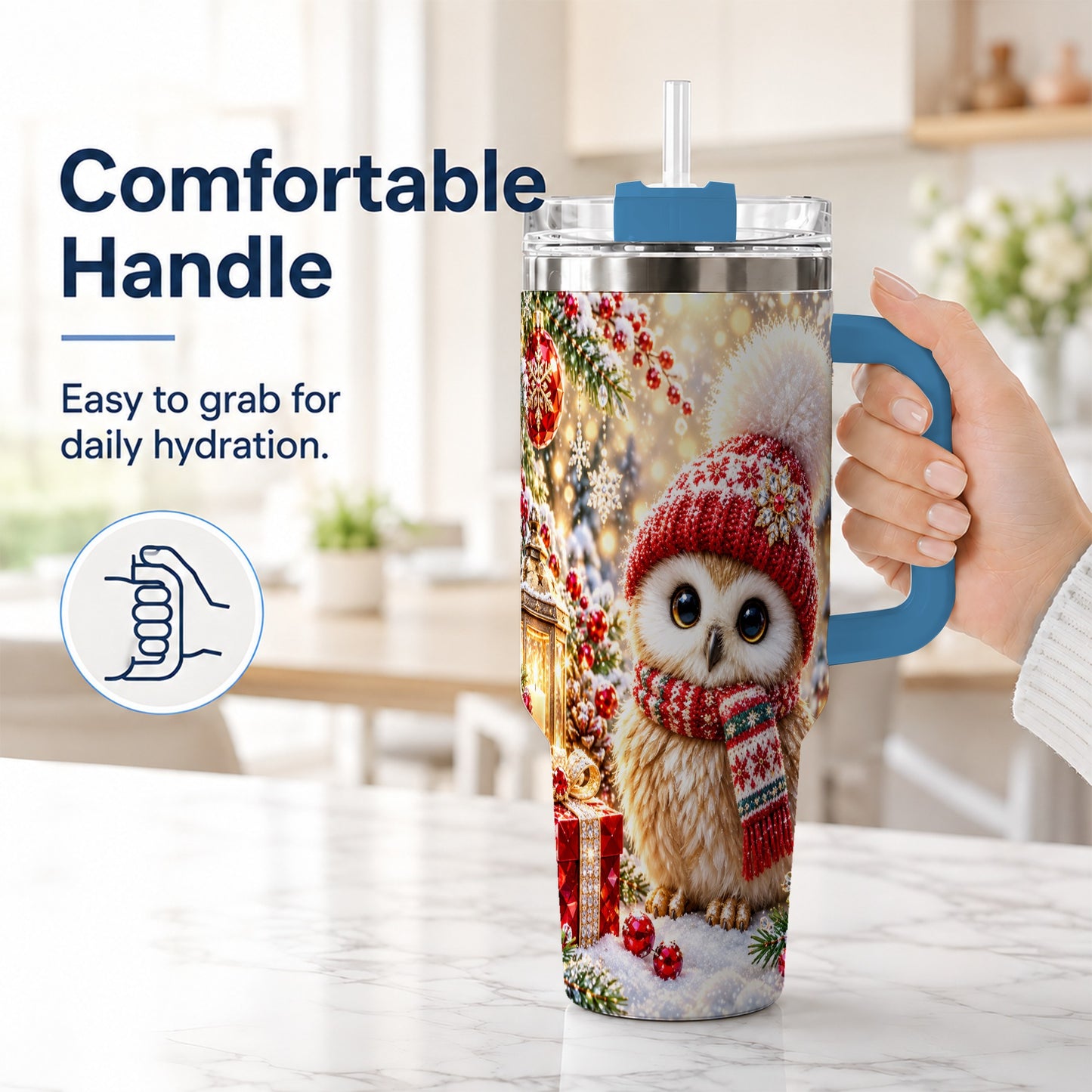 #pl[40oz|Blue] Christmas Owl 40oz Tumbler with Handle, Winter Stainless Steel Travel Cup