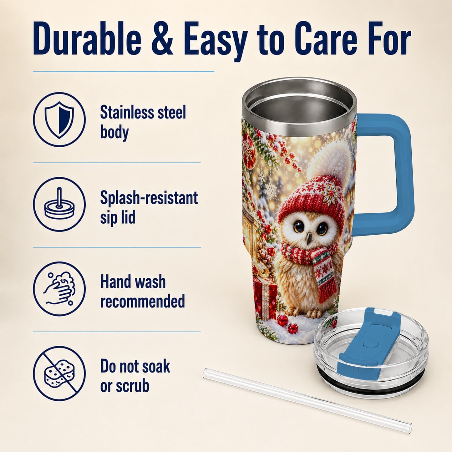 #pl[40oz|Blue] Christmas Owl 40oz Tumbler with Handle, Winter Stainless Steel Travel Cup