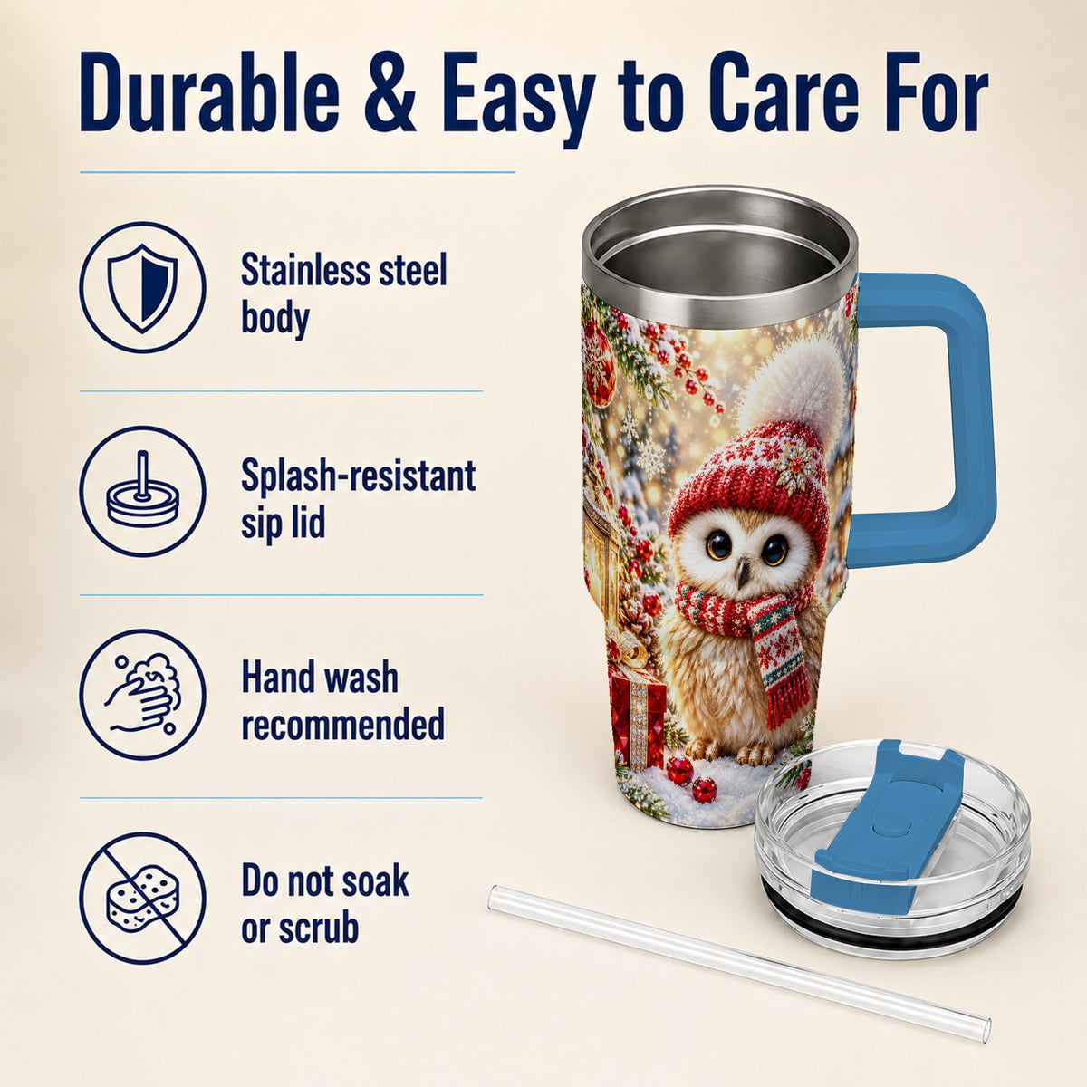 #pl[40oz|Blue] Christmas Owl 40oz Tumbler with Handle, Winter Stainless Steel Travel Cup
