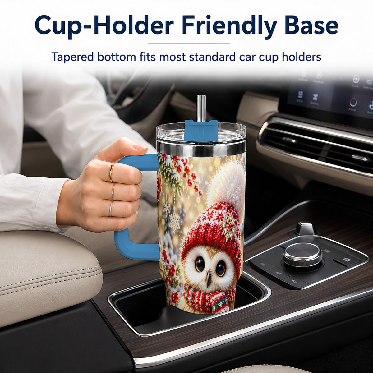 #pl[40oz|Blue] Christmas Owl 40oz Tumbler with Handle, Winter Stainless Steel Travel Cup