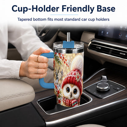 #pl[40oz|Blue] Christmas Owl 40oz Tumbler with Handle, Winter Stainless Steel Travel Cup