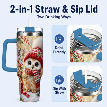 #pl[40oz|Blue] Christmas Owl 40oz Tumbler with Handle, Winter Stainless Steel Travel Cup