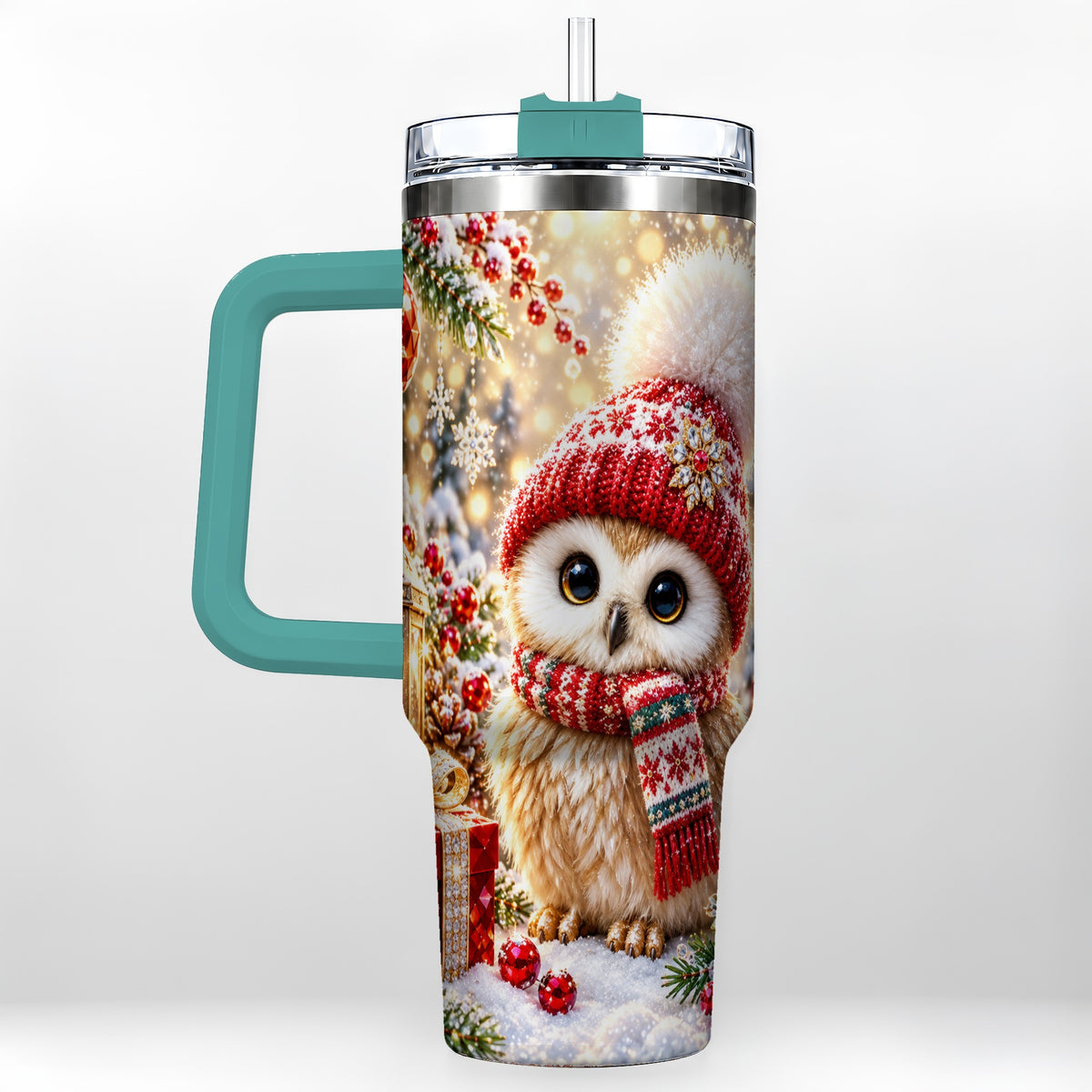 #pl[40oz|Green] Christmas Owl 40oz Tumbler with Handle, Winter Stainless Steel Travel Cup