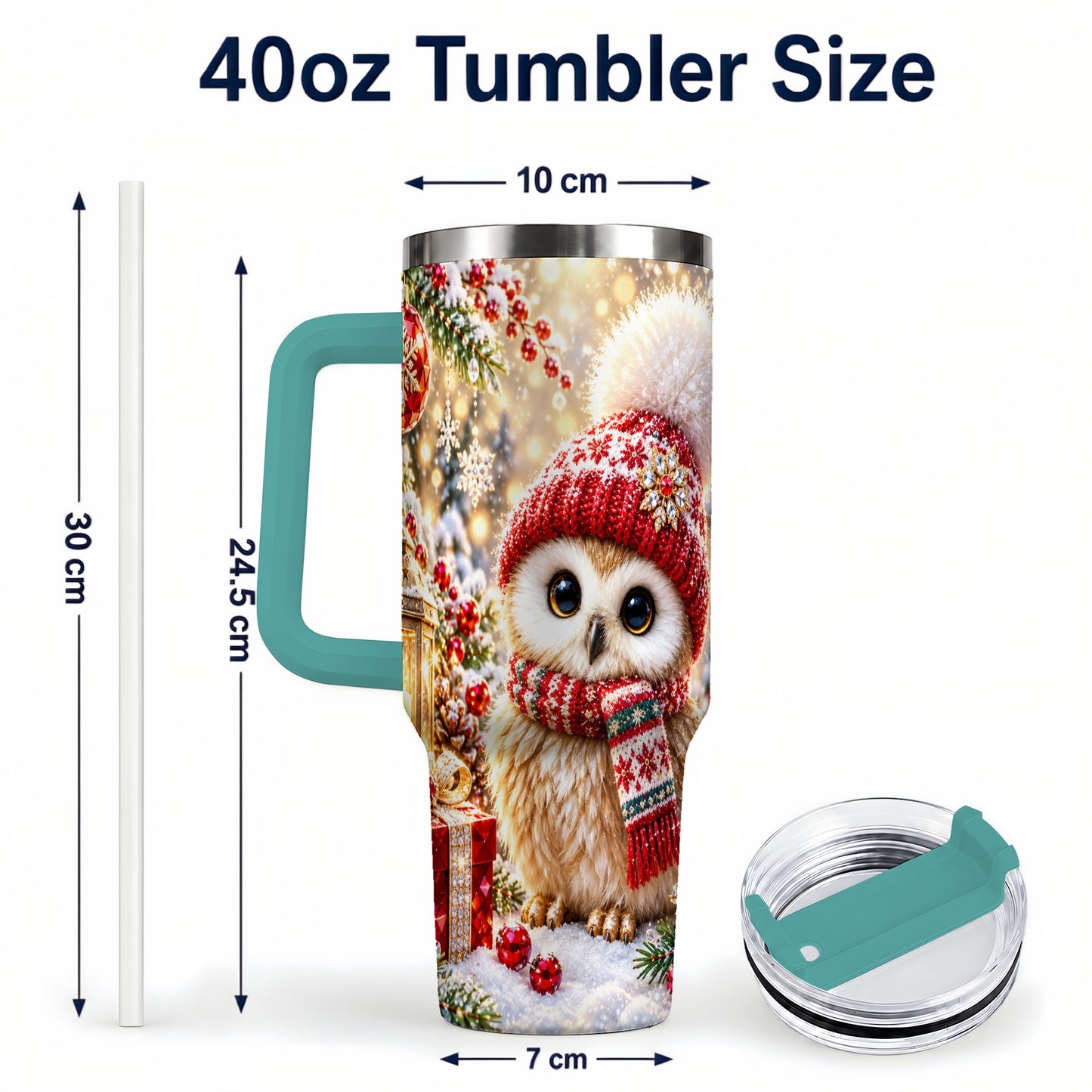 #pl[40oz|Green] Christmas Owl 40oz Tumbler with Handle, Winter Stainless Steel Travel Cup
