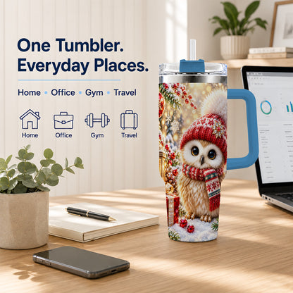 #pl[40oz|Blue] Christmas Owl 40oz Tumbler with Handle, Winter Stainless Steel Travel Cup