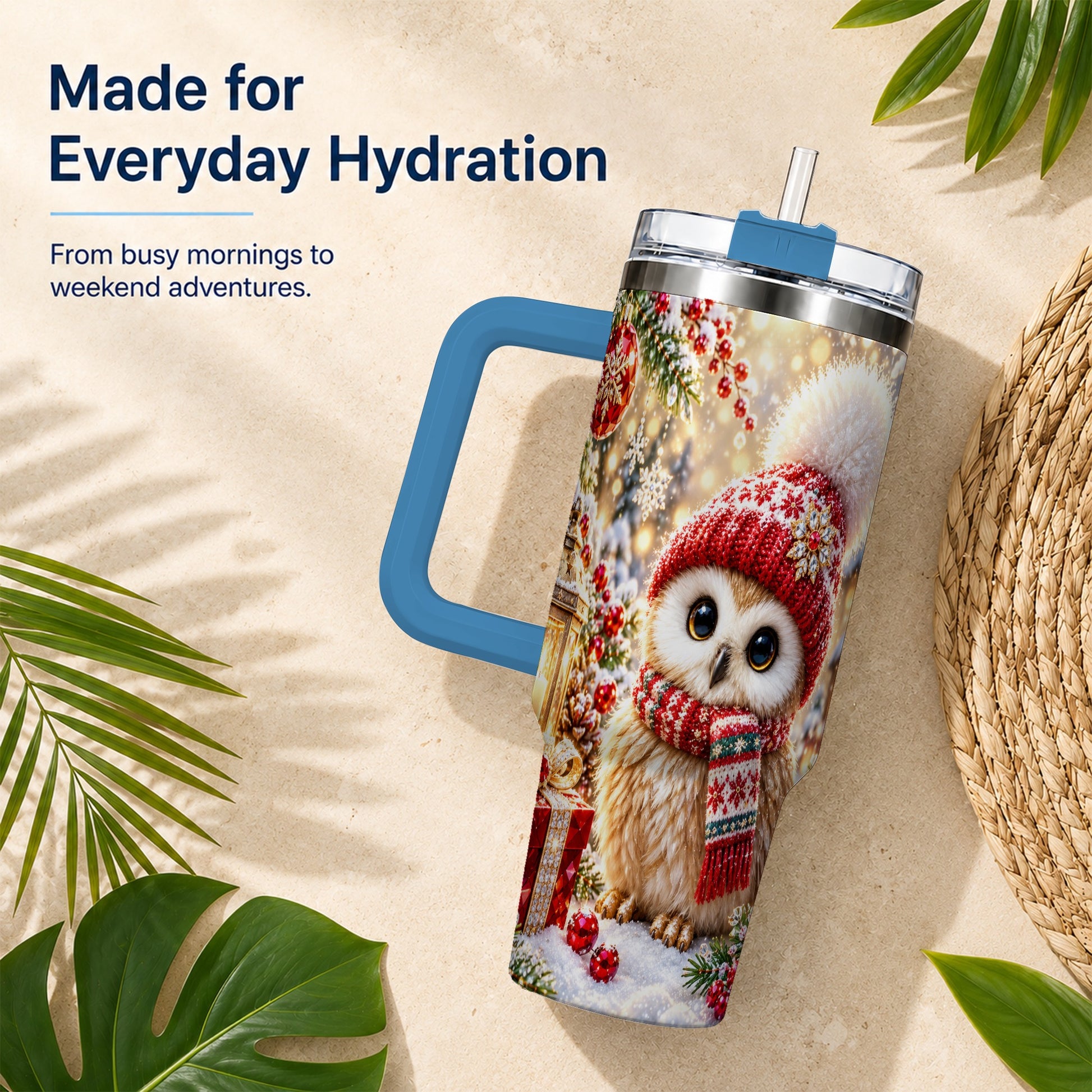 #pl[40oz|Blue] Christmas Owl 40oz Tumbler with Handle, Winter Stainless Steel Travel Cup