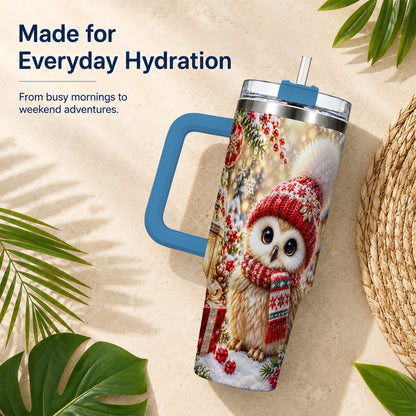 #pl[40oz|Blue] Christmas Owl 40oz Tumbler with Handle, Winter Stainless Steel Travel Cup