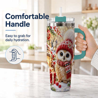#pl[40oz|Green] Christmas Owl 40oz Tumbler with Handle, Winter Stainless Steel Travel Cup
