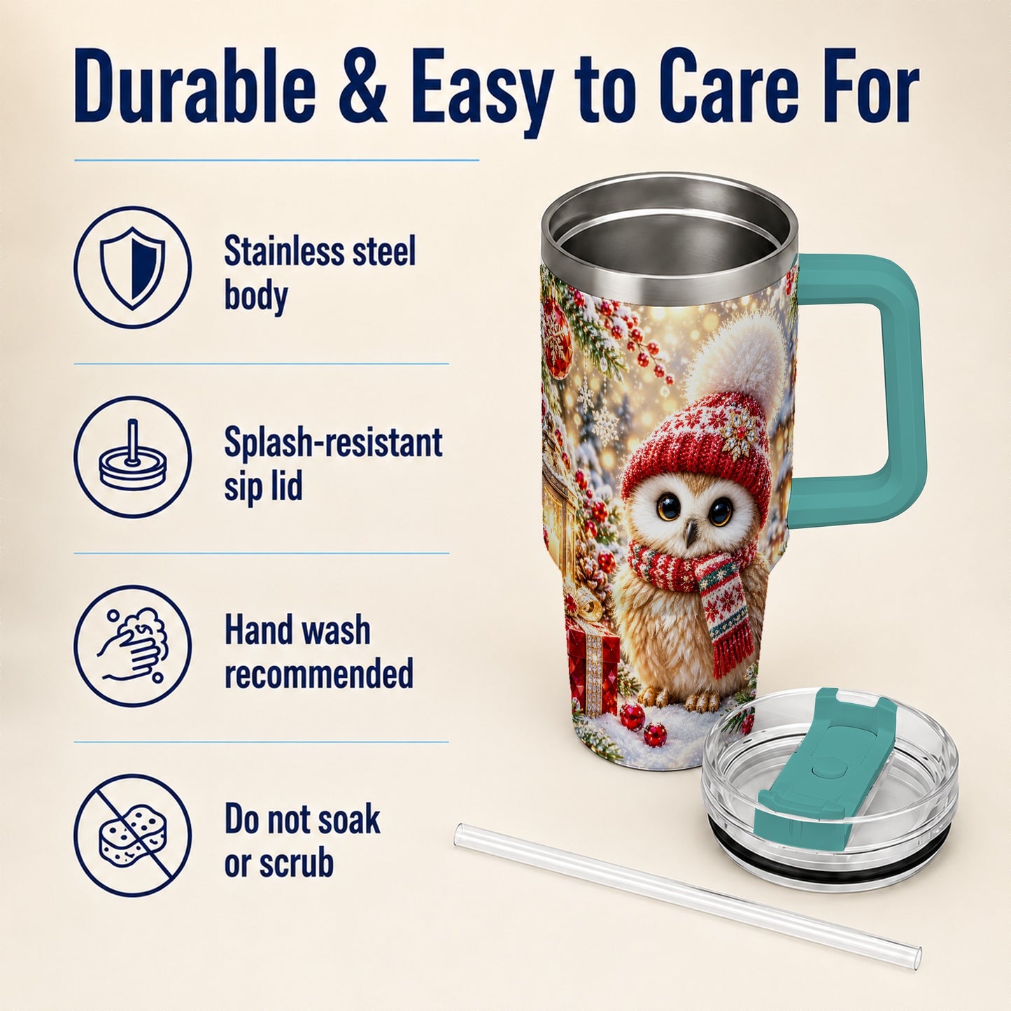 #pl[40oz|Green] Christmas Owl 40oz Tumbler with Handle, Winter Stainless Steel Travel Cup