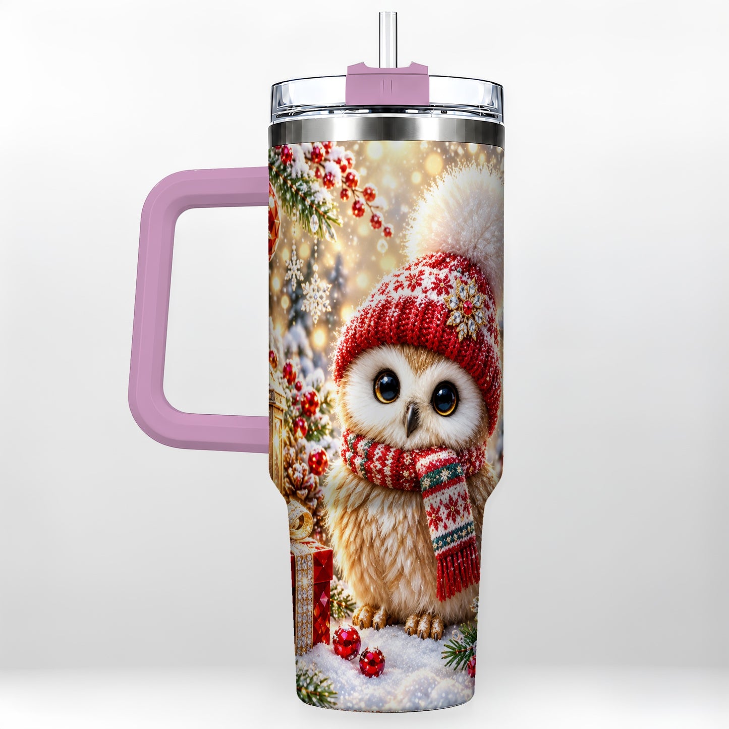 #pl[40oz|Pink] Christmas Owl 40oz Tumbler with Handle, Winter Stainless Steel Travel Cup