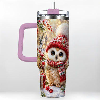 #pl[40oz|Pink] Christmas Owl 40oz Tumbler with Handle, Winter Stainless Steel Travel Cup