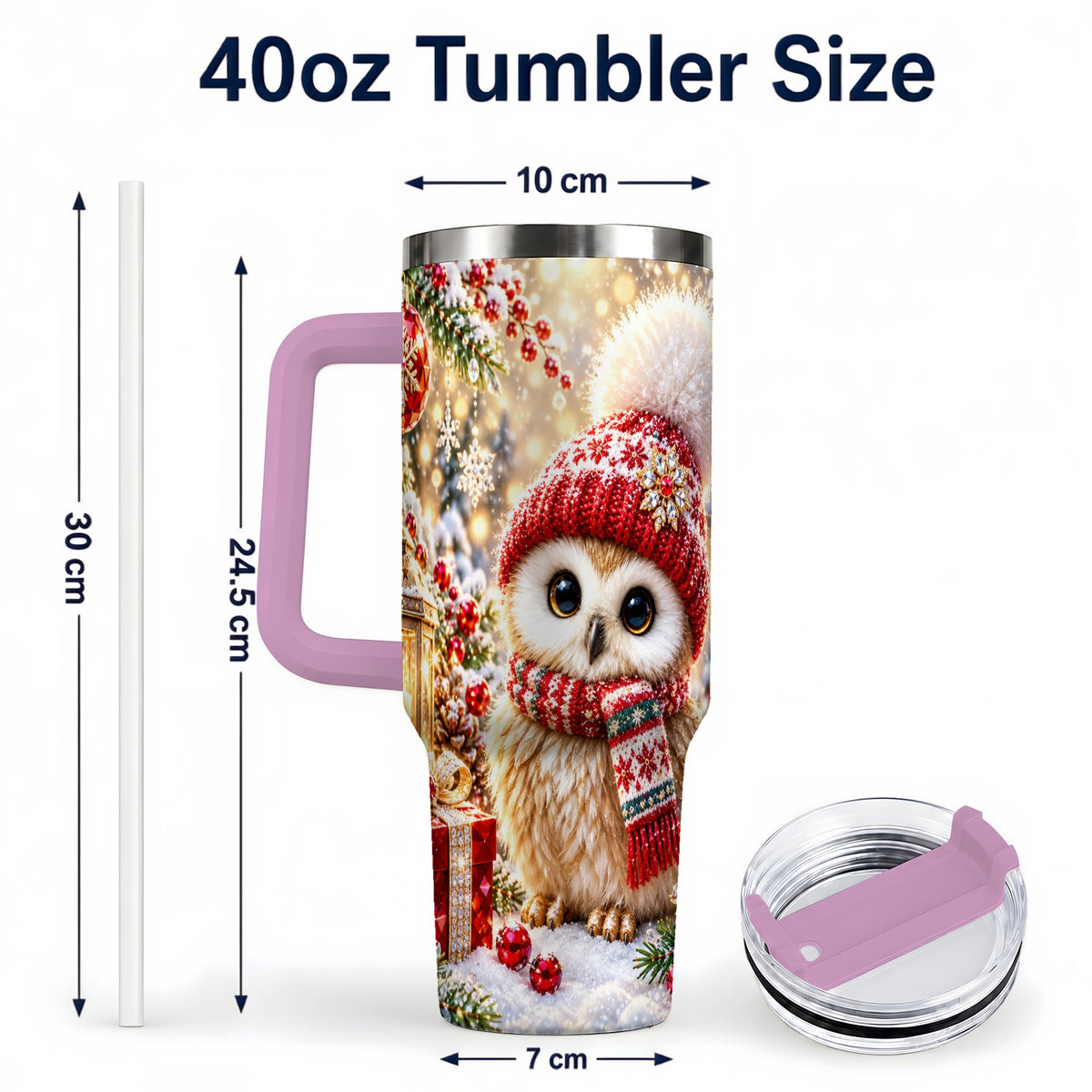 #pl[40oz|Pink] Christmas Owl 40oz Tumbler with Handle, Winter Stainless Steel Travel Cup