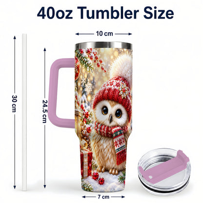 #pl[40oz|Pink] Christmas Owl 40oz Tumbler with Handle, Winter Stainless Steel Travel Cup