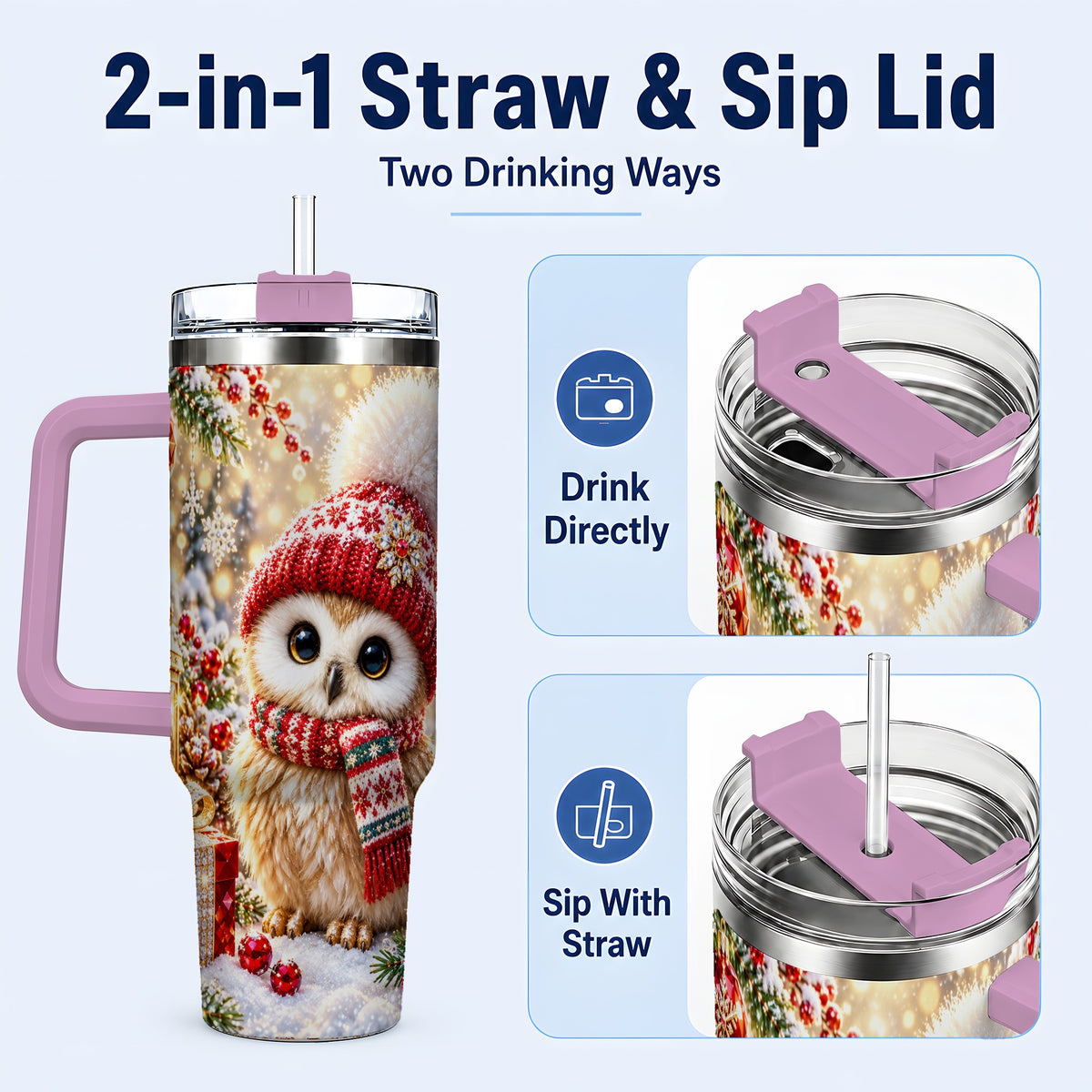 #pl[40oz|Pink] Christmas Owl 40oz Tumbler with Handle, Winter Stainless Steel Travel Cup