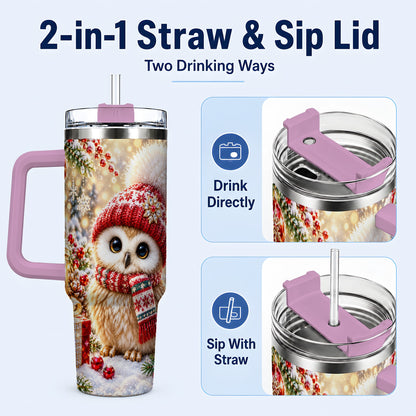 #pl[40oz|Pink] Christmas Owl 40oz Tumbler with Handle, Winter Stainless Steel Travel Cup