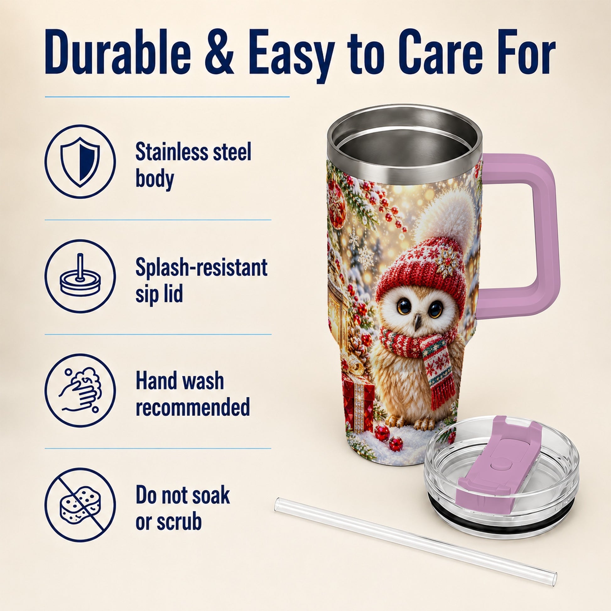 #pl[40oz|Pink] Christmas Owl 40oz Tumbler with Handle, Winter Stainless Steel Travel Cup
