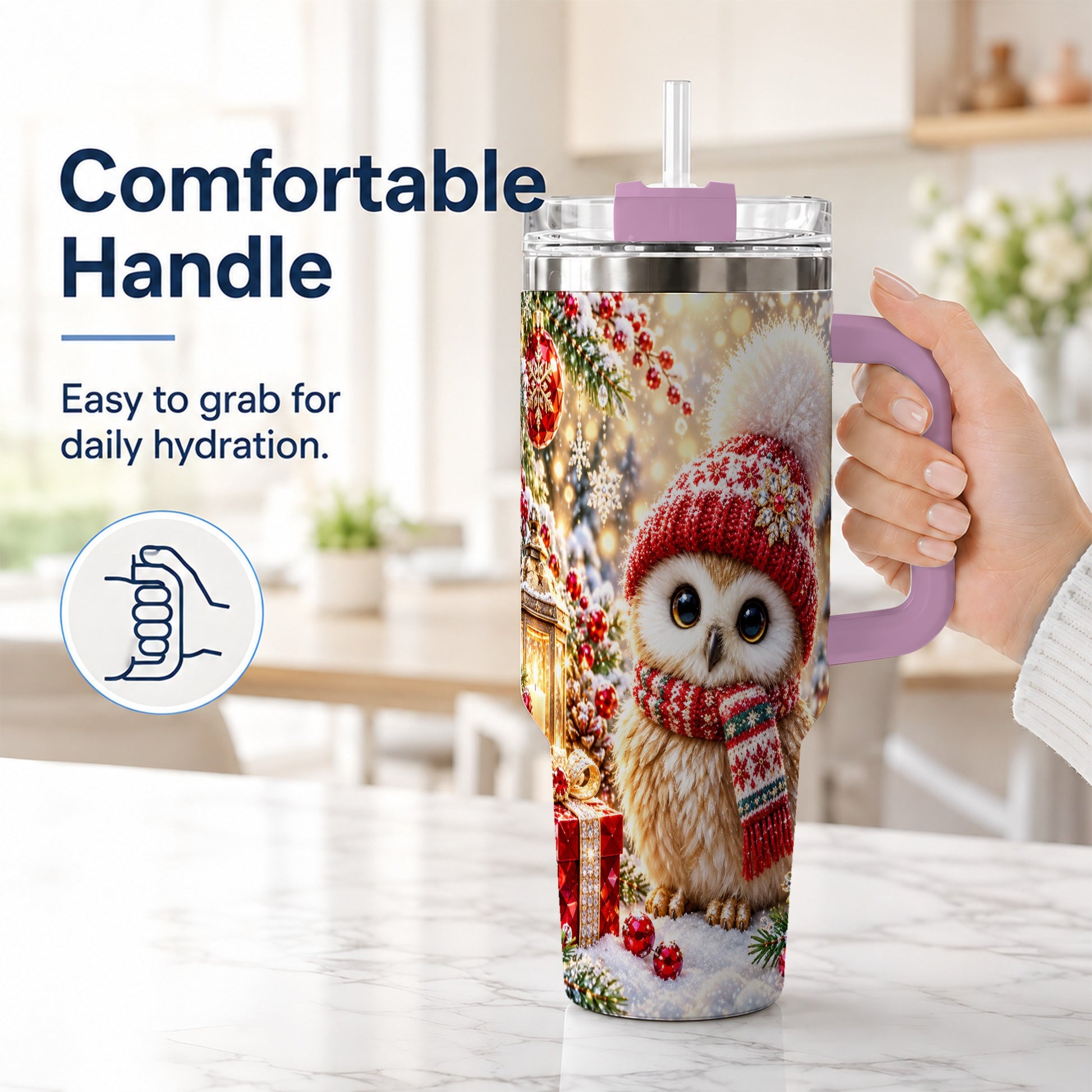 #pl[40oz|Pink] Christmas Owl 40oz Tumbler with Handle, Winter Stainless Steel Travel Cup