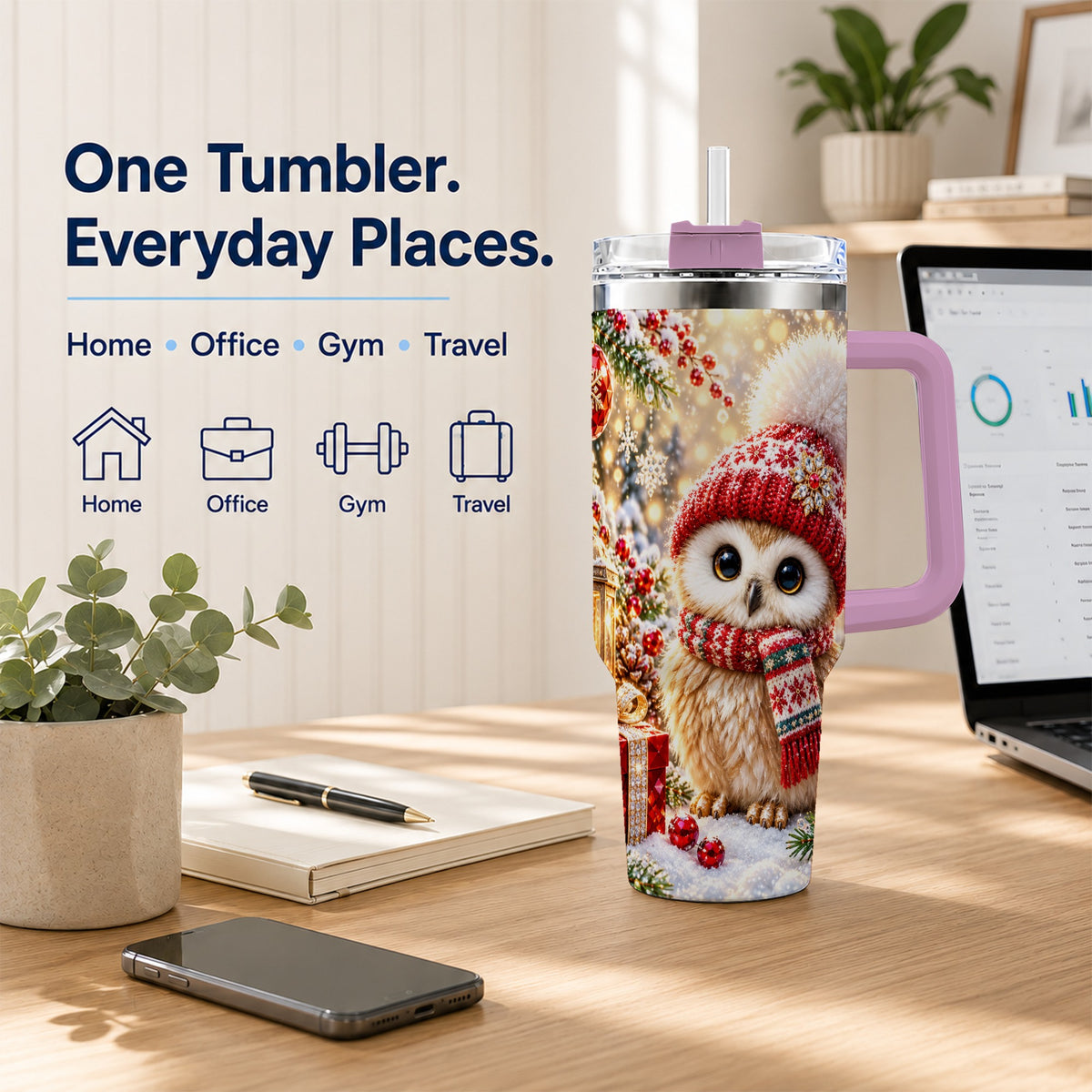 #pl[40oz|Pink] Christmas Owl 40oz Tumbler with Handle, Winter Stainless Steel Travel Cup