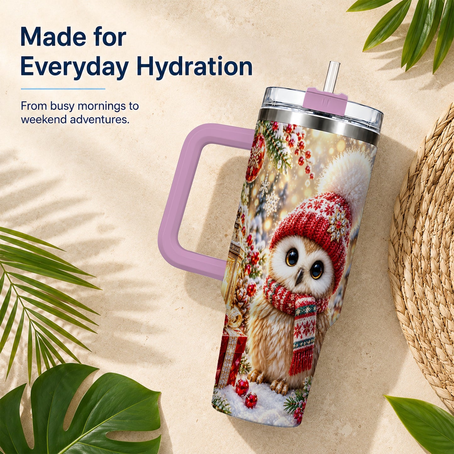 #pl[40oz|Pink] Christmas Owl 40oz Tumbler with Handle, Winter Stainless Steel Travel Cup