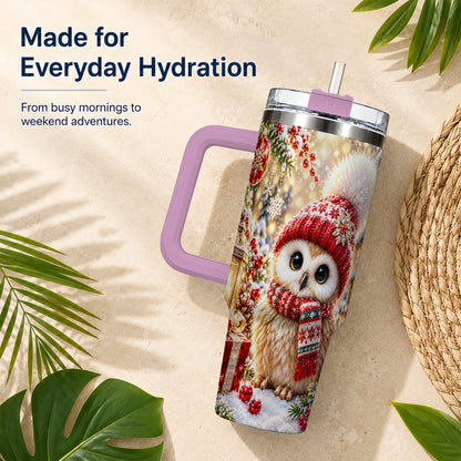#pl[40oz|Pink] Christmas Owl 40oz Tumbler with Handle, Winter Stainless Steel Travel Cup