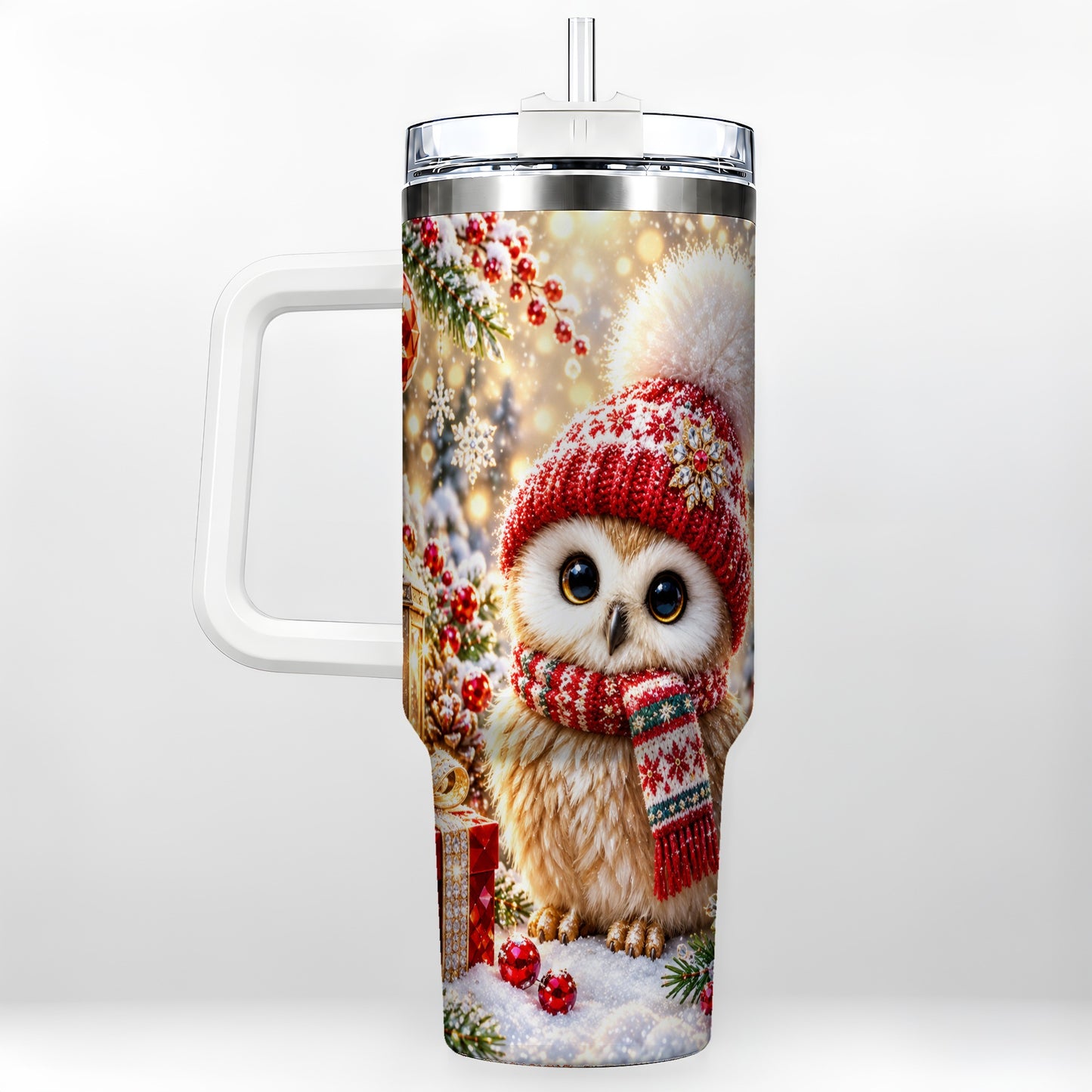 Christmas Owl 40oz Tumbler with Handle, Winter Stainless Steel Travel Cup