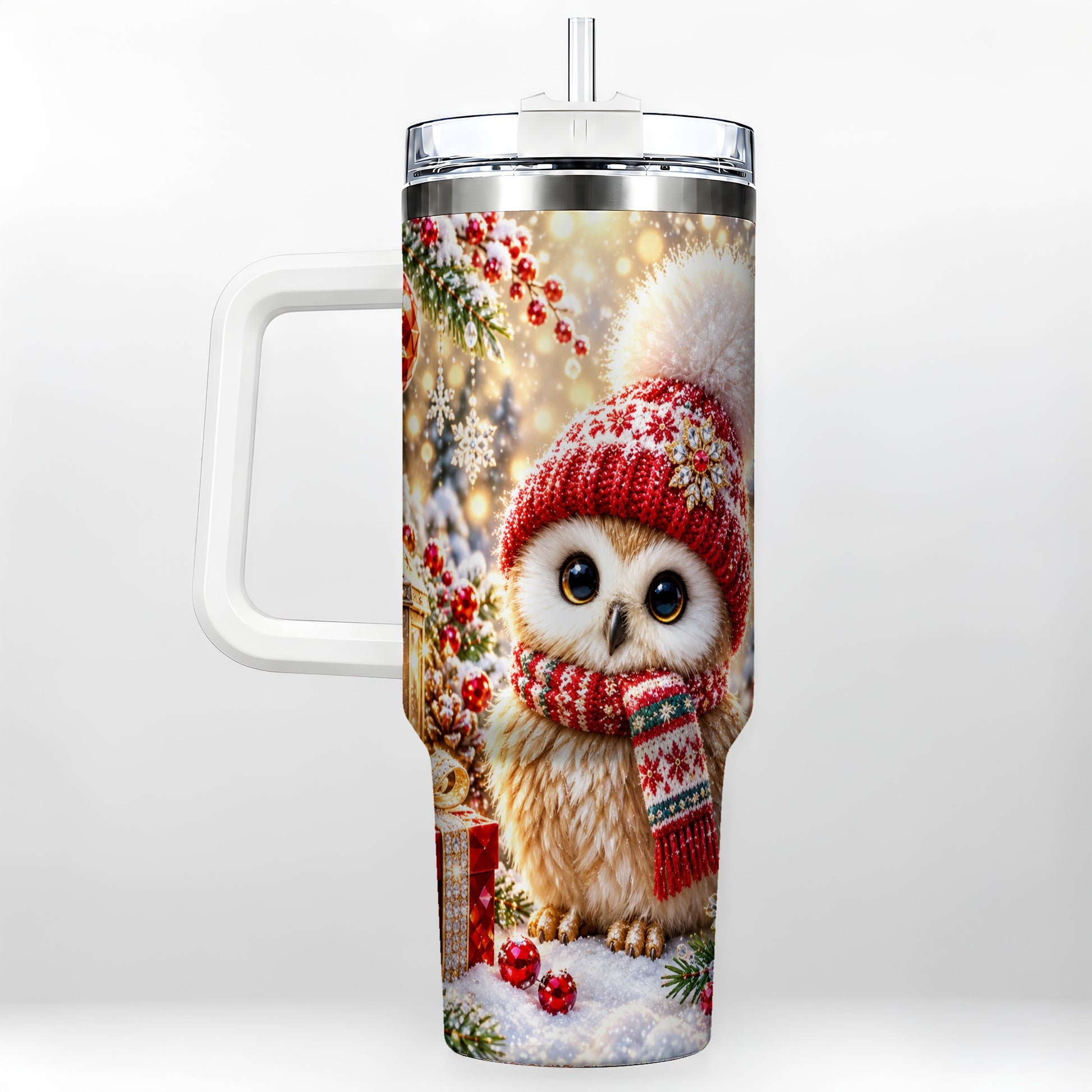 Christmas Owl 40oz Tumbler with Handle, Winter Stainless Steel Travel Cup