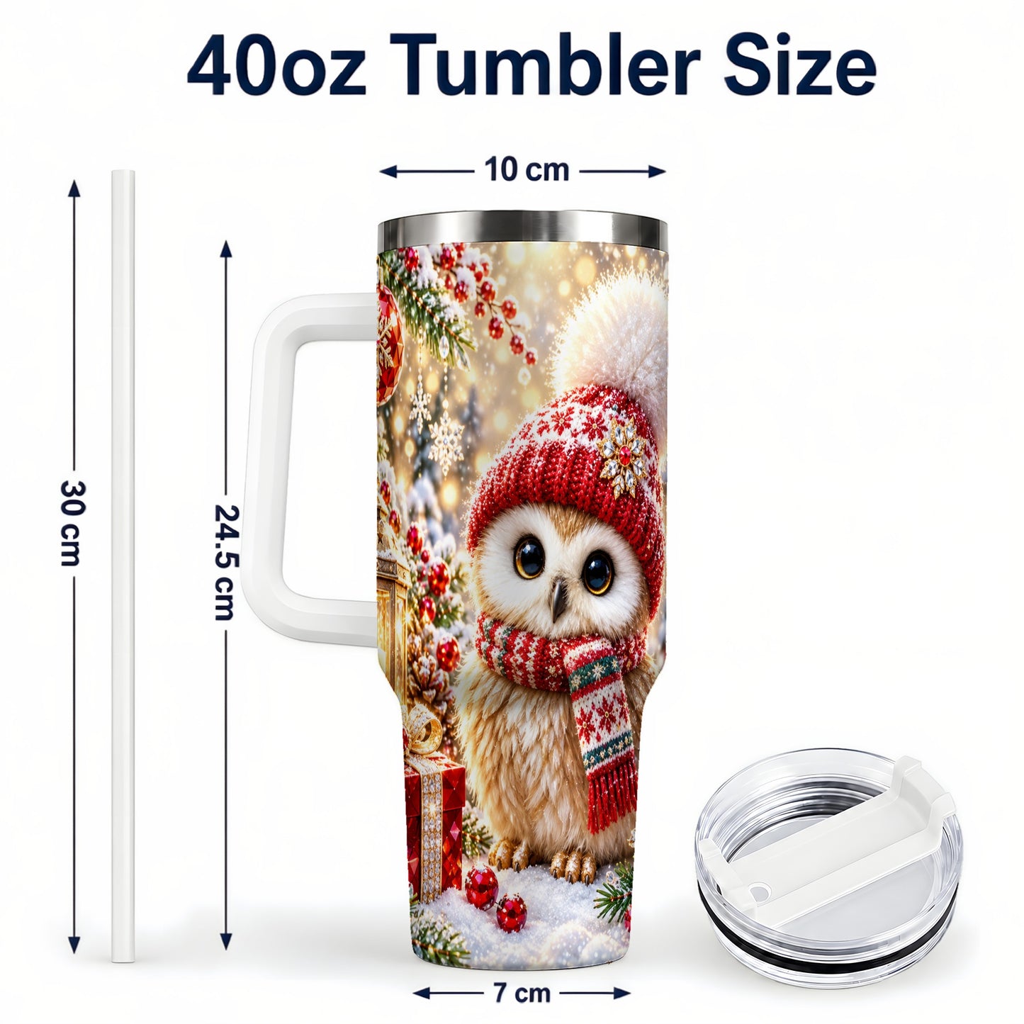 #pl[40oz|White] Christmas Owl 40oz Tumbler with Handle, Winter Stainless Steel Travel Cup