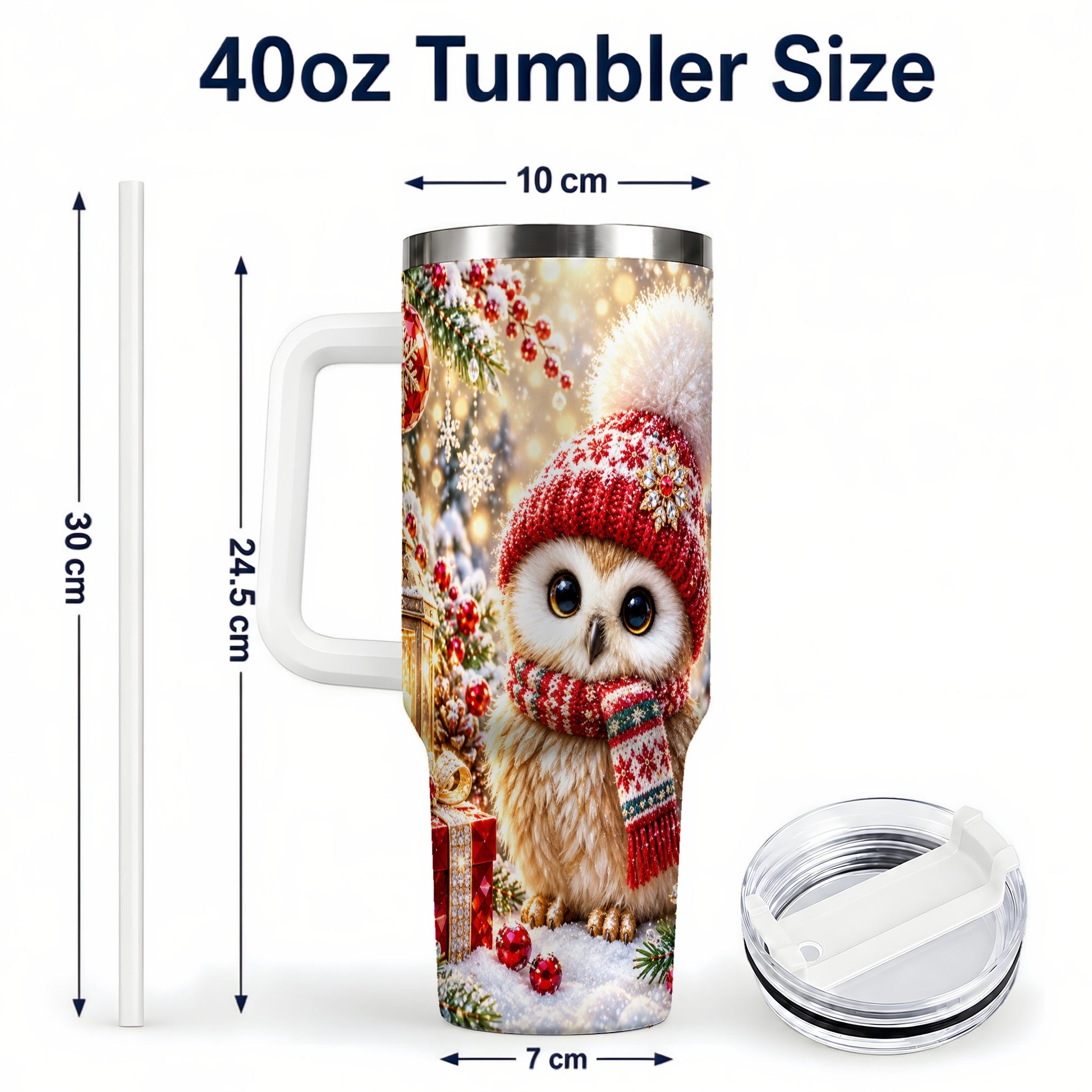 #pl[40oz|White] Christmas Owl 40oz Tumbler with Handle, Winter Stainless Steel Travel Cup