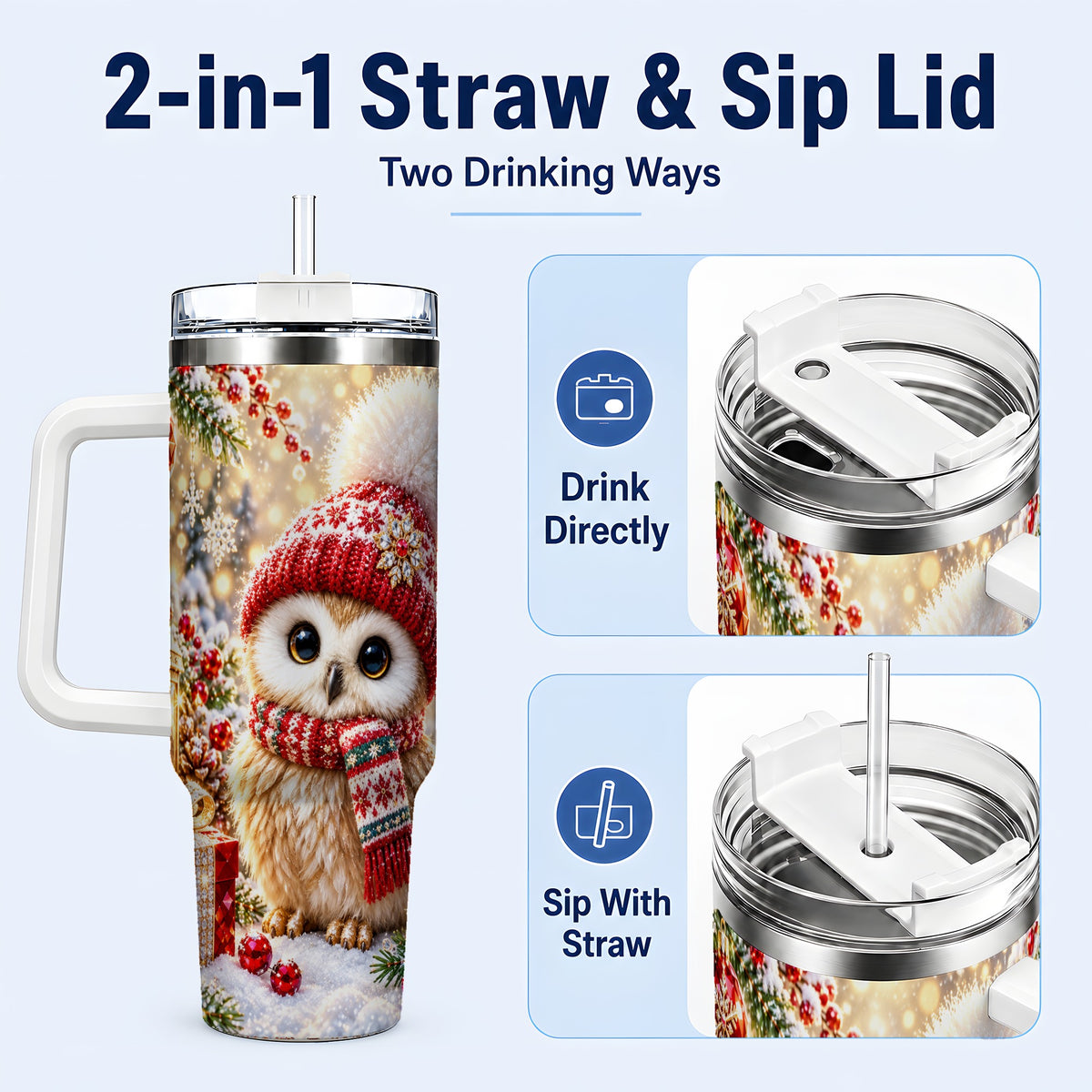 #pl[40oz|White] Christmas Owl 40oz Tumbler with Handle, Winter Stainless Steel Travel Cup