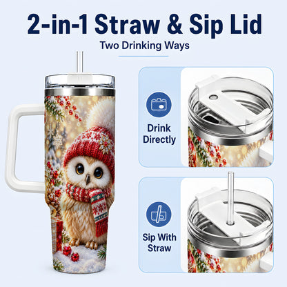 #pl[40oz|White] Christmas Owl 40oz Tumbler with Handle, Winter Stainless Steel Travel Cup