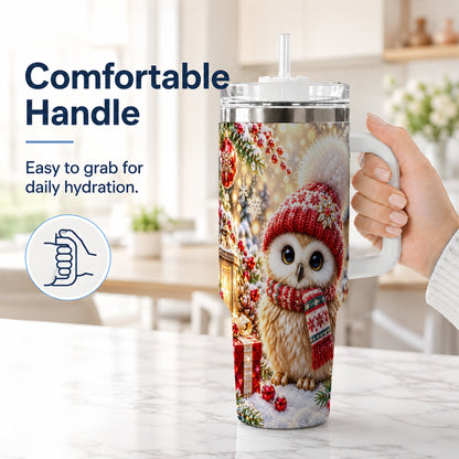 #pl[40oz|White] Christmas Owl 40oz Tumbler with Handle, Winter Stainless Steel Travel Cup