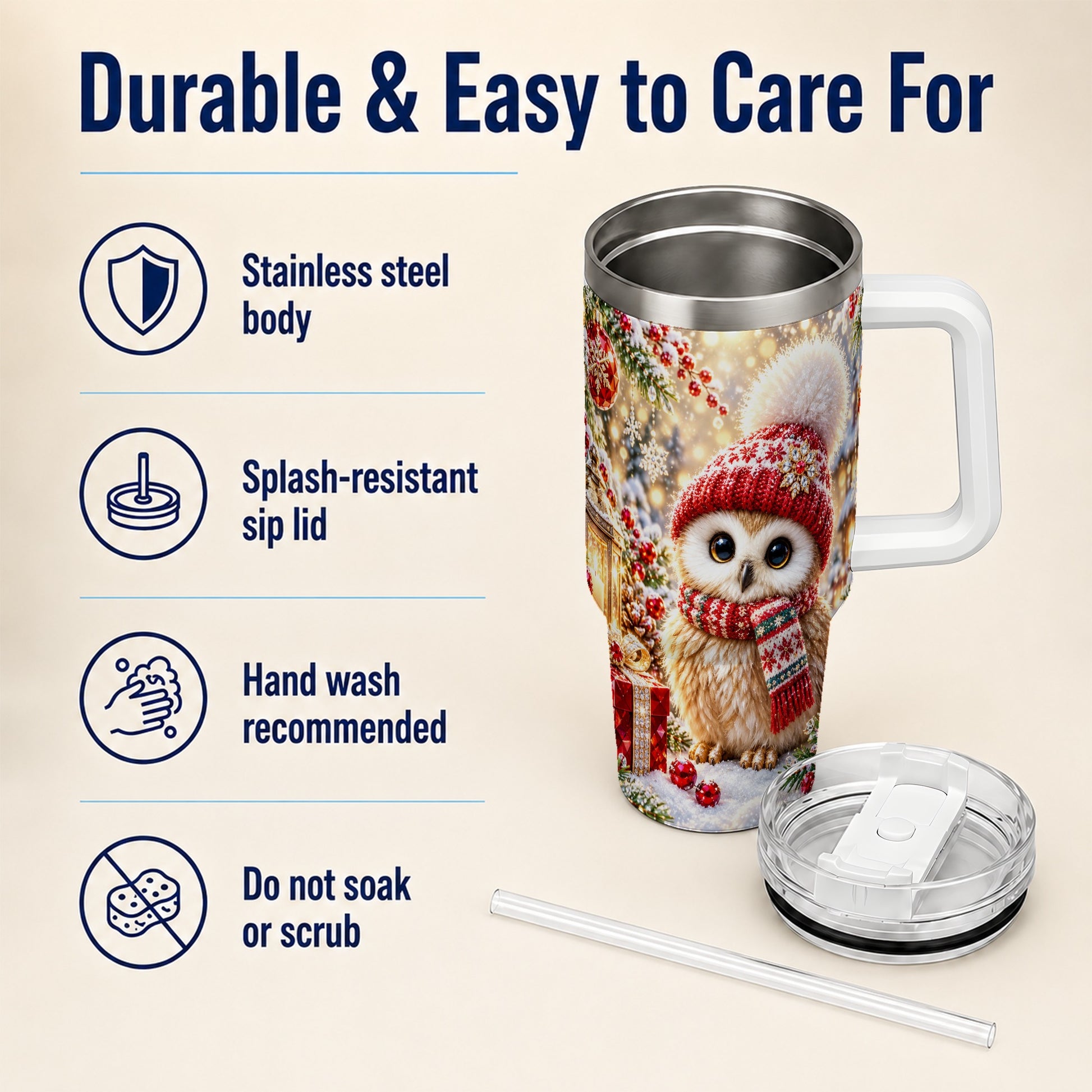 #pl[40oz|White] Christmas Owl 40oz Tumbler with Handle, Winter Stainless Steel Travel Cup