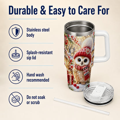 #pl[40oz|White] Christmas Owl 40oz Tumbler with Handle, Winter Stainless Steel Travel Cup