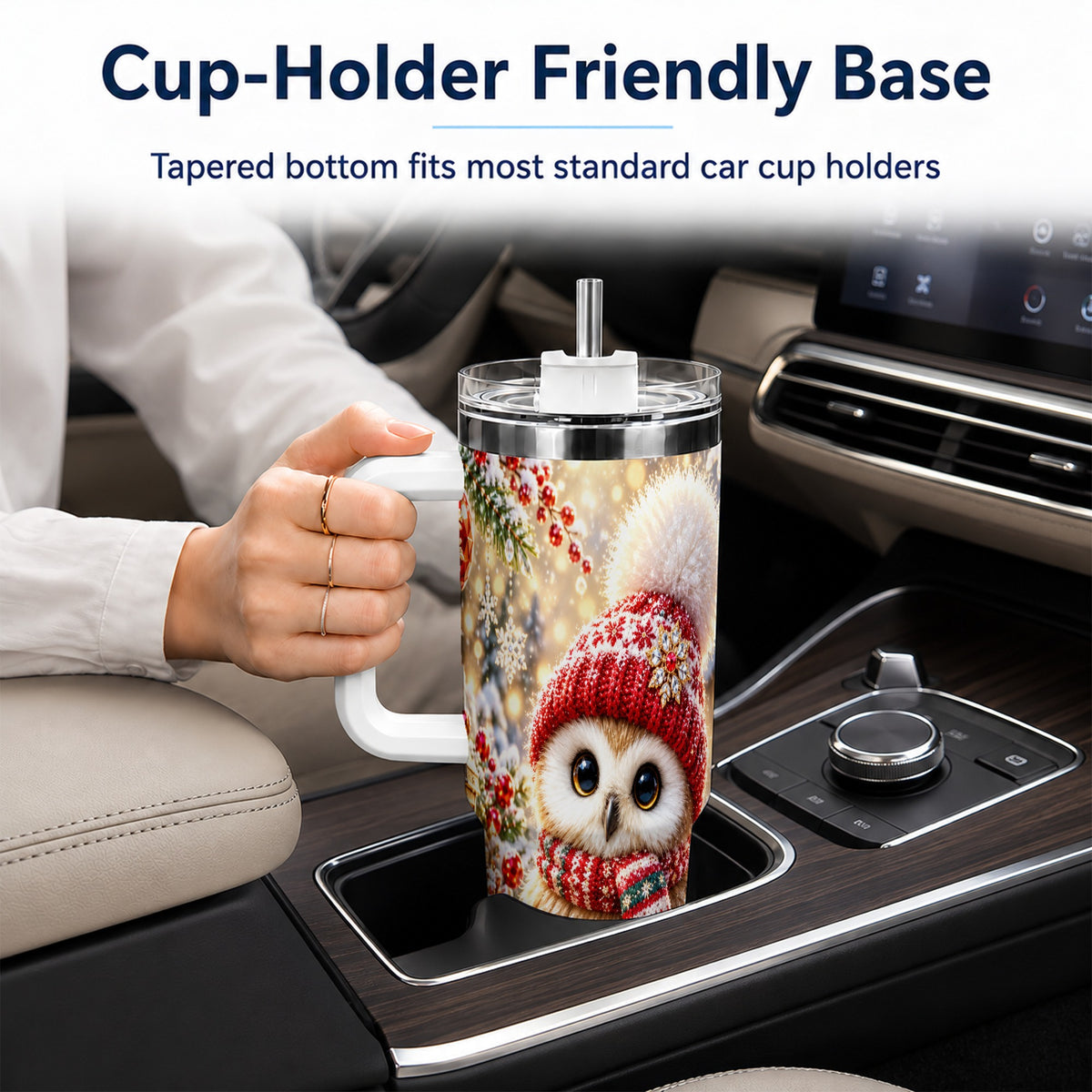 #pl[40oz|White] Christmas Owl 40oz Tumbler with Handle, Winter Stainless Steel Travel Cup