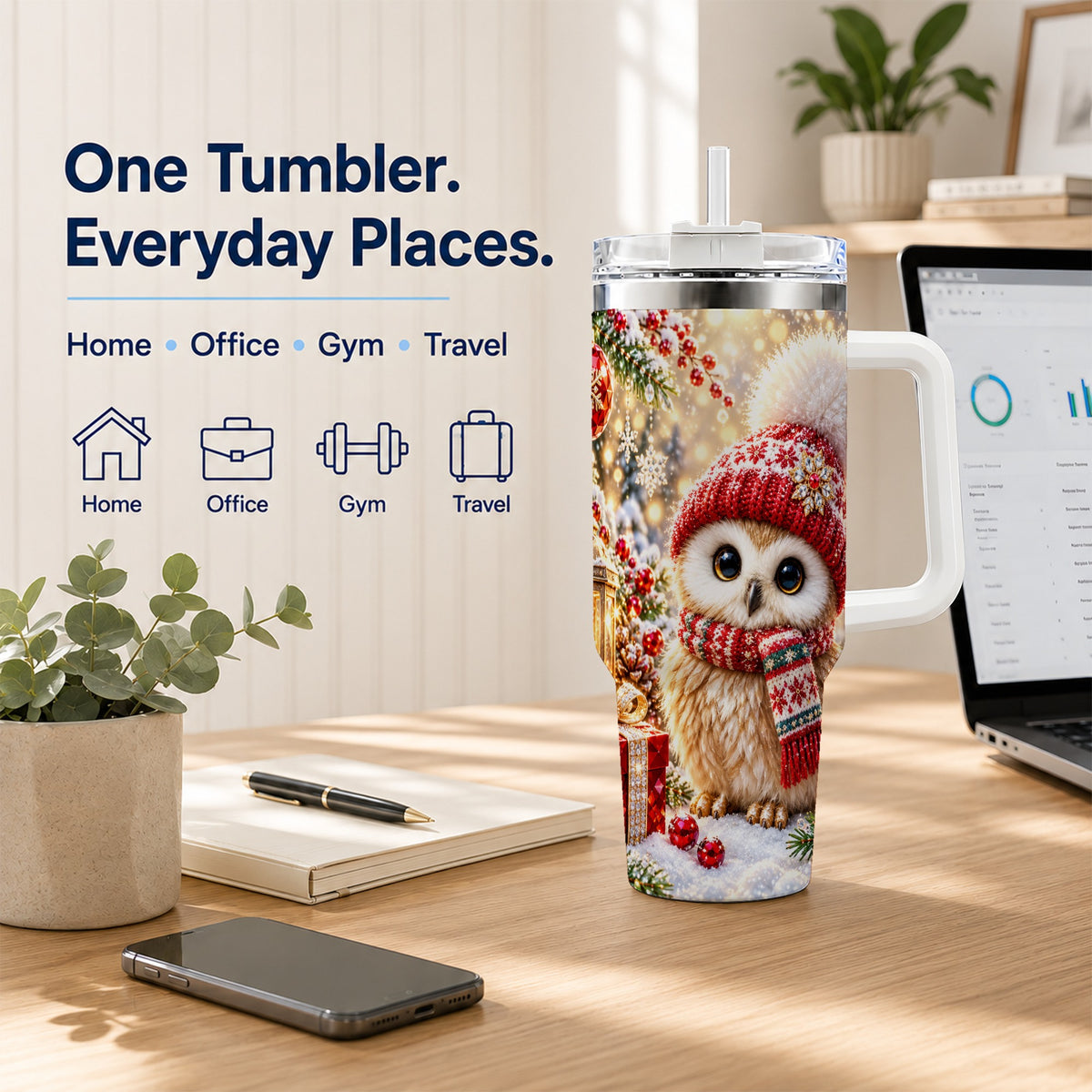 #pl[40oz|White] Christmas Owl 40oz Tumbler with Handle, Winter Stainless Steel Travel Cup