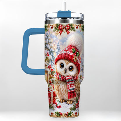 #pl[40oz|Blue] Festive Owl 40oz Tumbler with Handle, Christmas Stainless Steel Travel Cup