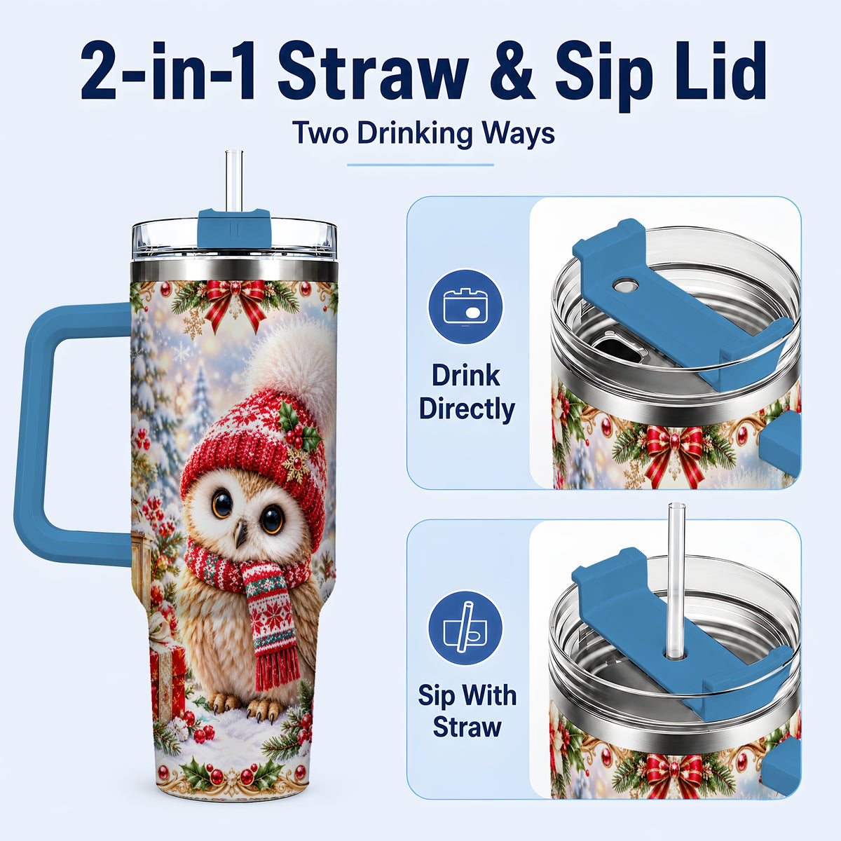 #pl[40oz|Blue] Festive Owl 40oz Tumbler with Handle, Christmas Stainless Steel Travel Cup