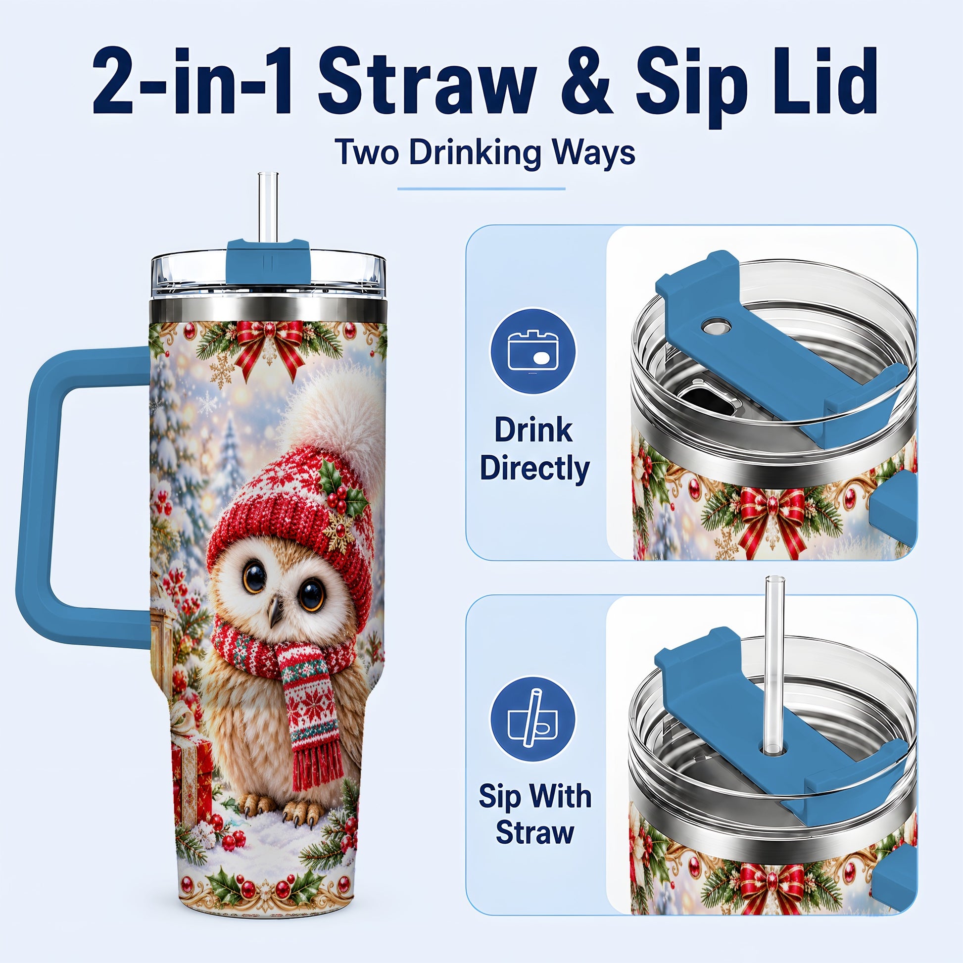 #pl[40oz|Blue] Festive Owl 40oz Tumbler with Handle, Christmas Stainless Steel Travel Cup