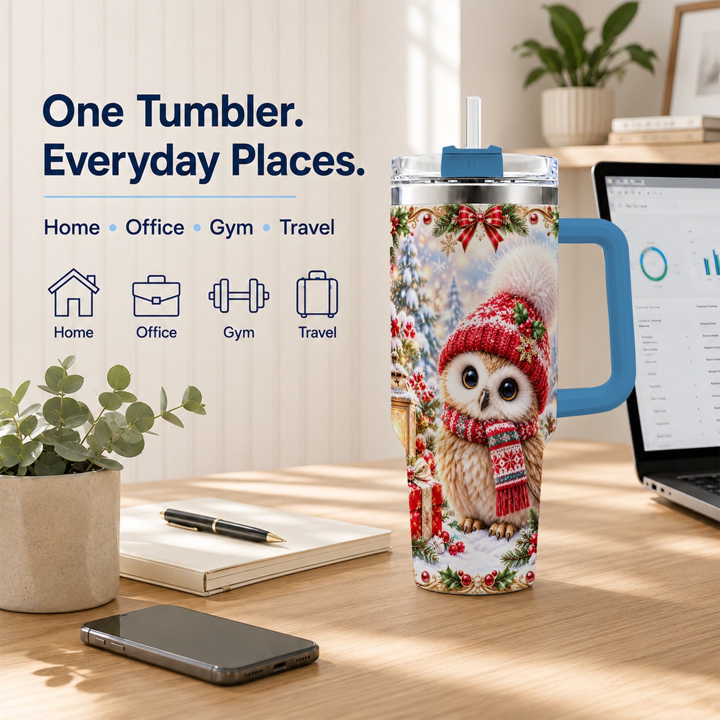 #pl[40oz|Blue] Festive Owl 40oz Tumbler with Handle, Christmas Stainless Steel Travel Cup