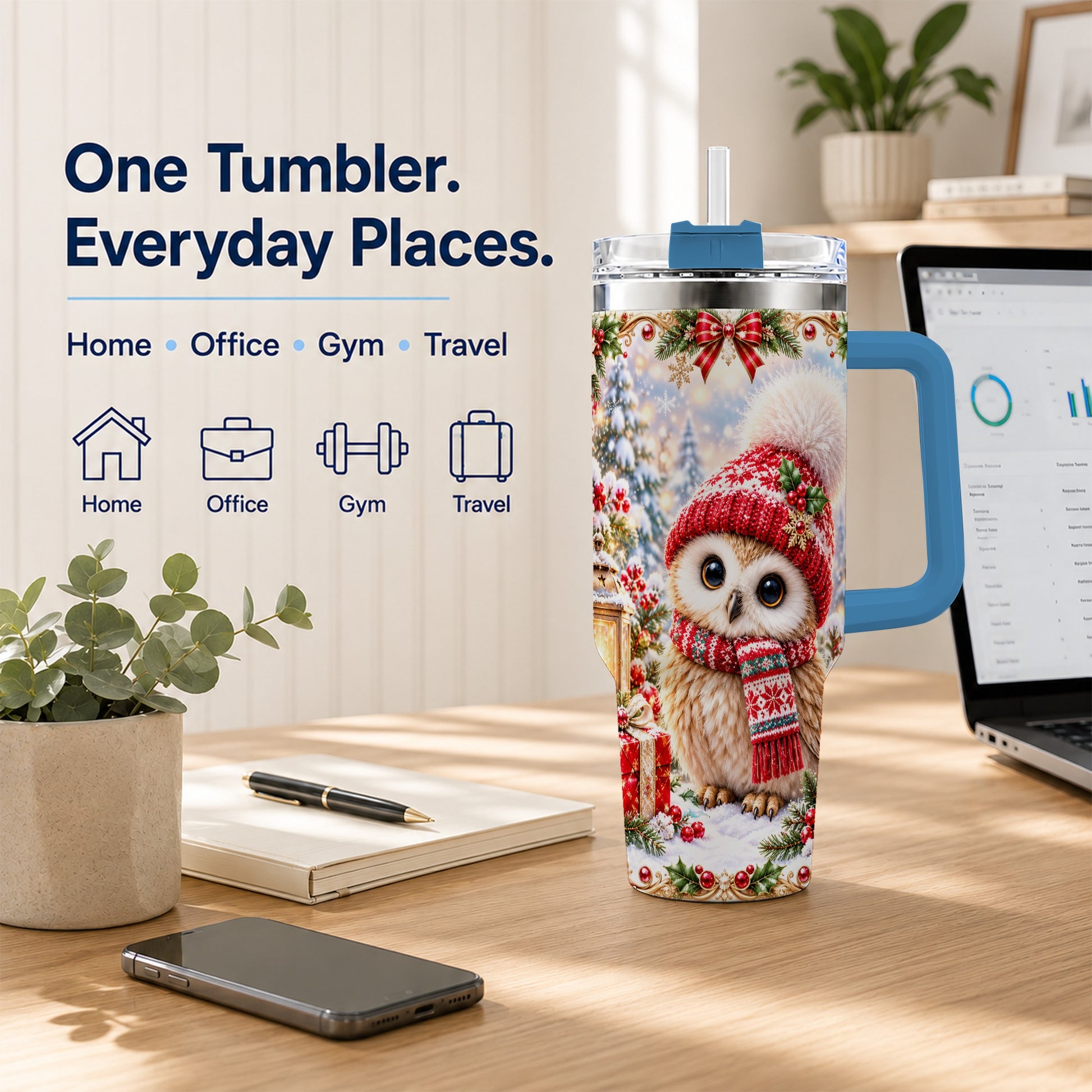 #pl[40oz|Blue] Festive Owl 40oz Tumbler with Handle, Christmas Stainless Steel Travel Cup